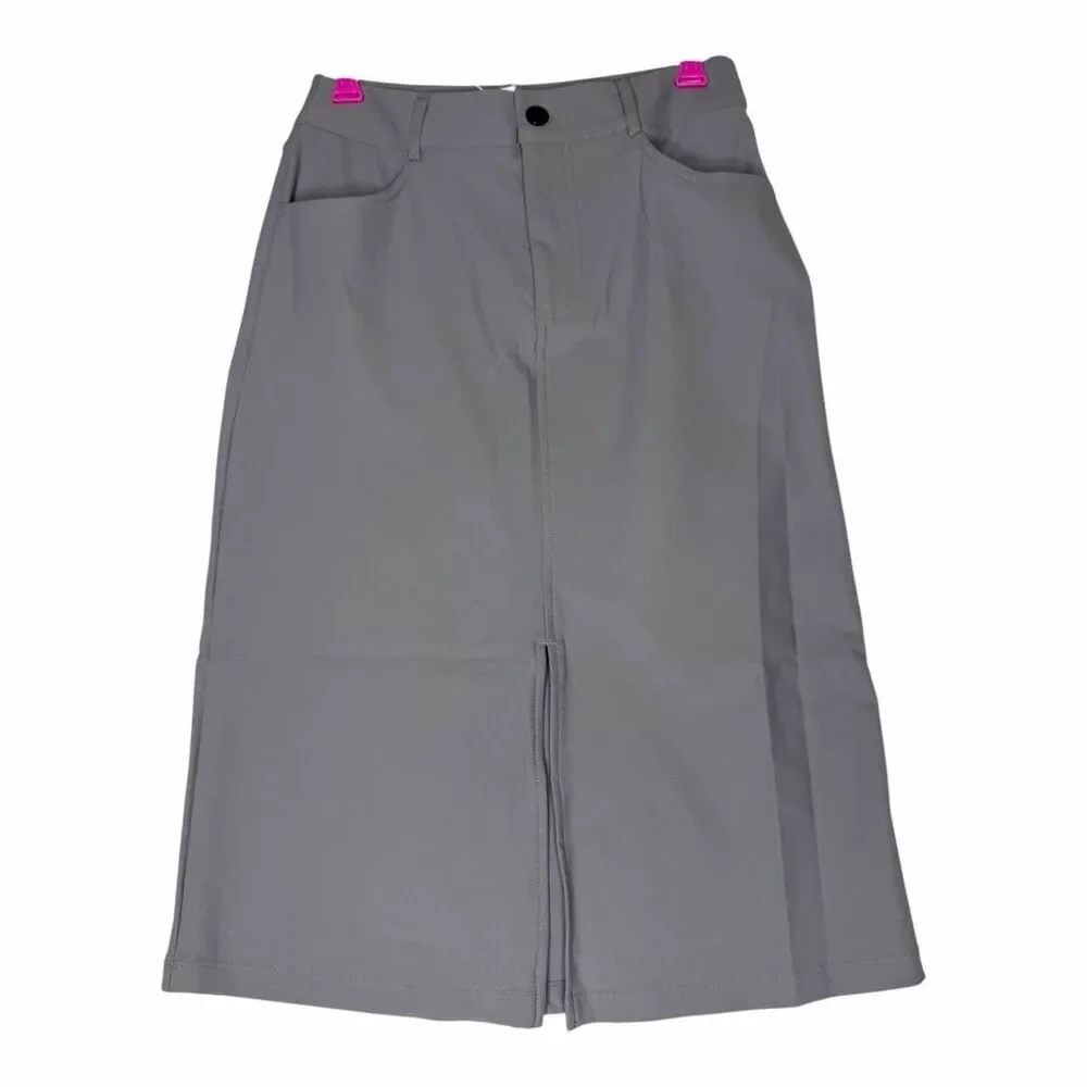 NEW Halara XS Gray High Waist Front Slit Stretch Midi Skirt Pockets